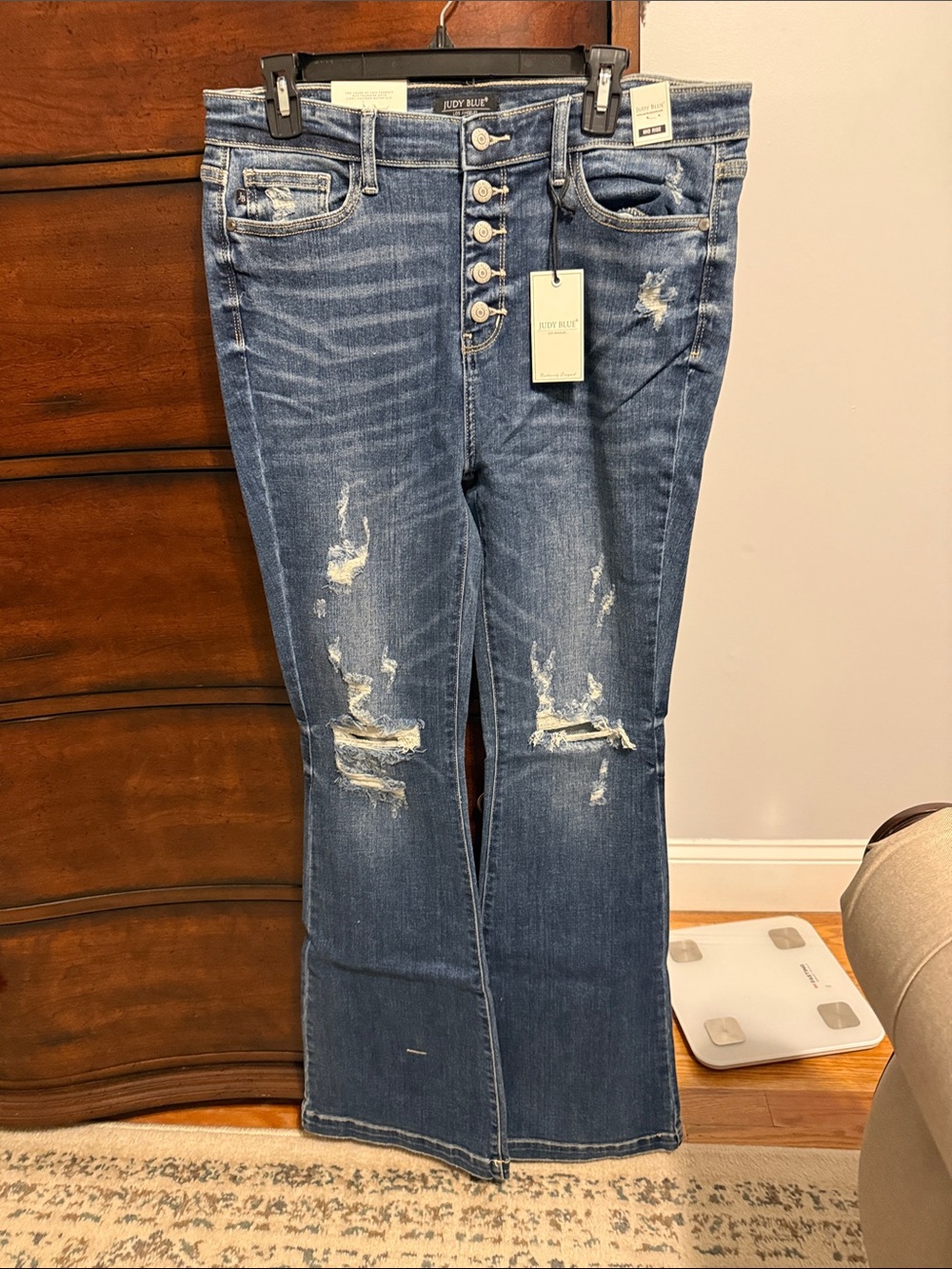 Judy Blue Women's Distressed High-Rise Button-Fly Flare Jeans - Blue